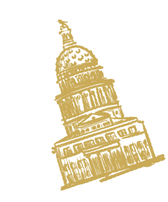 Stylized graphic in gold of the Texas State Capitol in Austin, Texas.